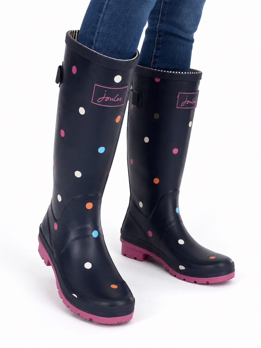 Joules Navy Polka Dot Tall Rain Boots Waterproof Rubber Wellies Womens US Size 6